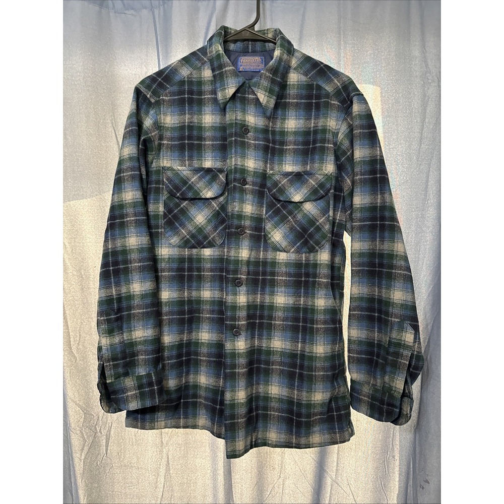 VTG Pendleton Board Shirt Plaid Wool USA Medium Blue Green Shadow Checker